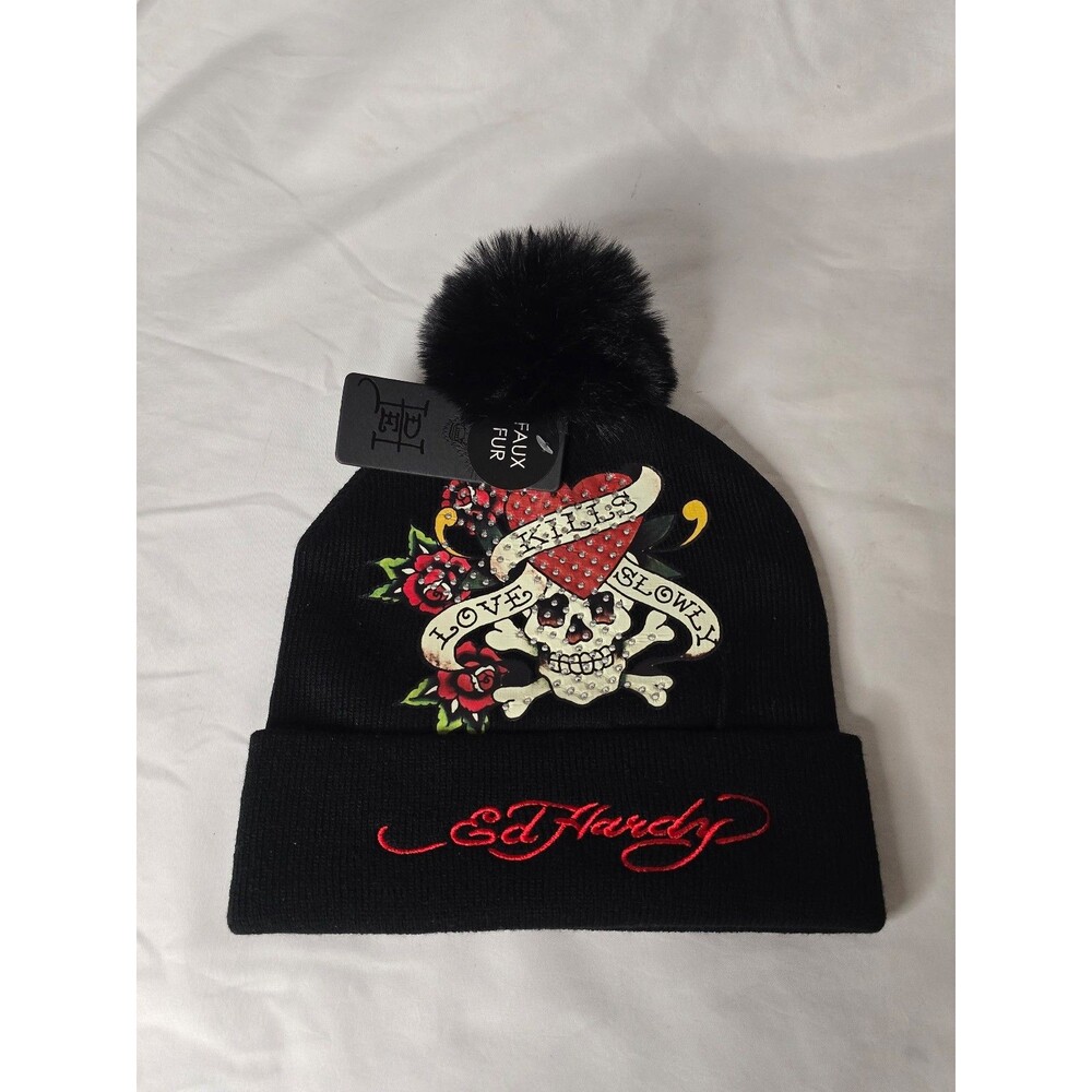 NWT Ed Hardy Faux Fur Love Kills Slowly Pom Beanie in Black
